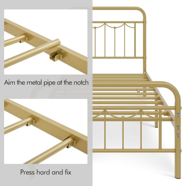 Yaheetech Twin XL Size Metal Bed Frames with Vintage Headboard and Footboard, Farmhouse Metal Platform Bed, Heavy Duty Steel Slat Support, Ample Under-Bed Storage, No Box Spring Needed, Antique Gold - Image 6