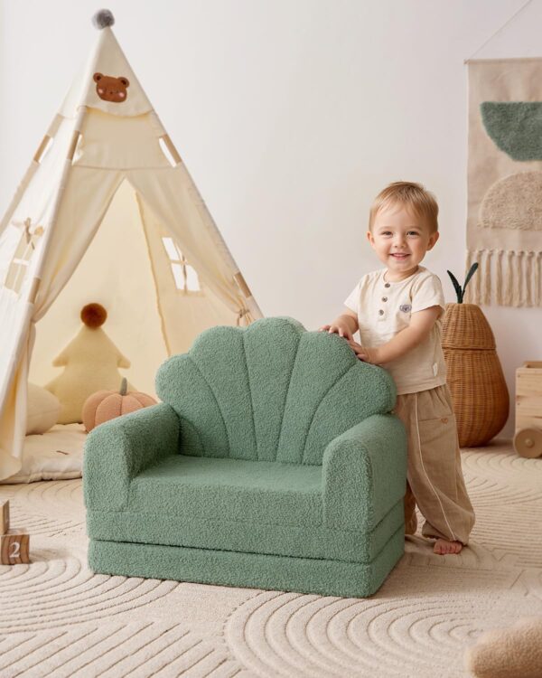 Blissful Diary Kids Couch, 2-in-1 Soft Toddler Couch Fold Out, Toddler Chair Comfy, Convertible Sofa to Lounger with Cute Shell Designs, Green - Image 2