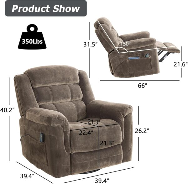 INZOY Oversized Swivel Rocker Recliner with Heat and Vibration, Manual Swivel Rocking Recliner Chair with Massage Vibrating, Overstuffed Soft Fabric Heated Recliner, 360 Swivel Glider Recliner, Brown - Image 2