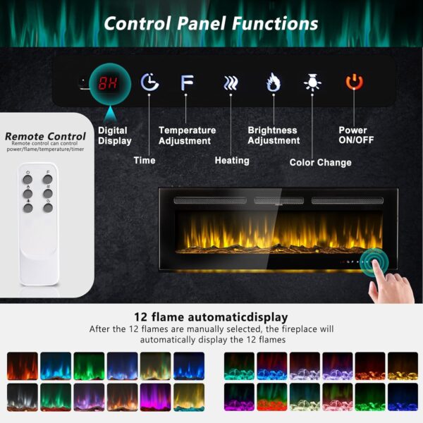 Electric Fireplace 50 inch with Remote Control and Touch Panel Control, Wall Mounted and Recessed Timer,12-Level Adjustable Flame Colors and Speed - Image 6