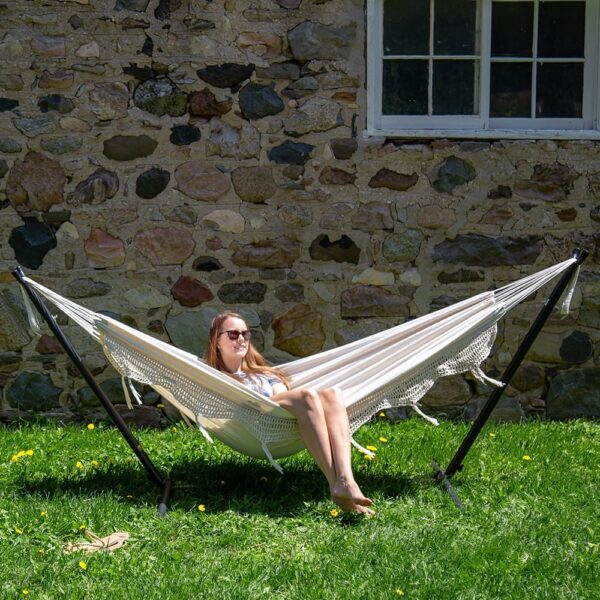 Vivere Double Hammock with Space Saving Steel Stand, Natural (450 lb Capacity - Premium Carry Bag Included) - Image 4