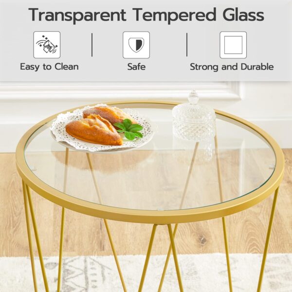 HOOBRO Small Coffee Table Set of 2, Round Coffee End Table with Metal Frame, Glass Top, Gold Side Table for Living Room, Bedroom and Balcony, Modern Style, Gold GD79BZ01 - Image 6