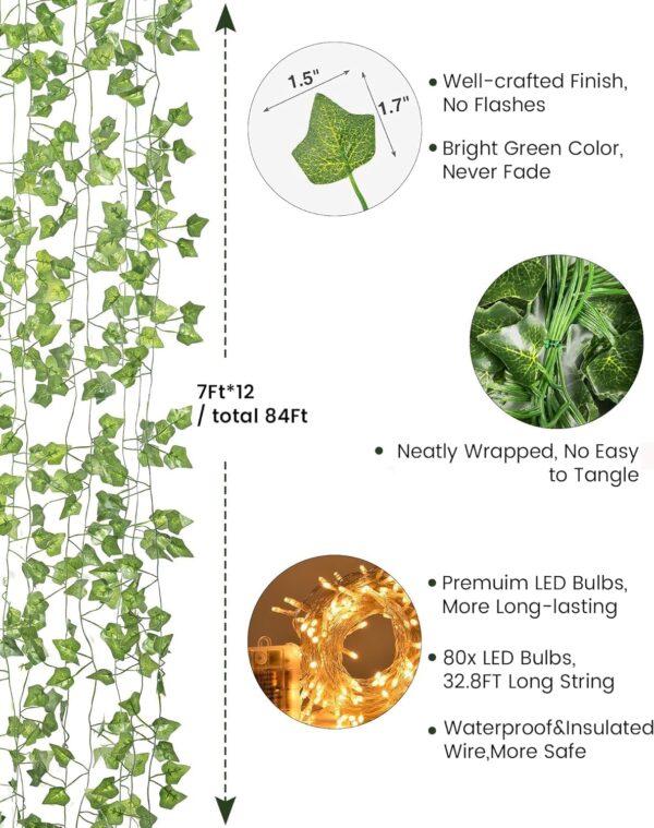 JACKYLED 84Ft 12 Pack Artificial Ivy Garland Fake Plants, Ivy Vines Leaves with CE Certified 80 LED String Lights, Hanging Ivy Lights for Bedroom Garden Party Wall Room Decor - Image 3