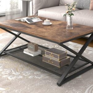 LVB Rustic Coffee Table, Industrial Metal Wood 2 Tier Cocktail Tea Table with Storage for Living Room, Farmhouse Wooden Rectangle Center Table with Mesh Shelf for Office Bedroom, 39 inch, Rustic Brown
