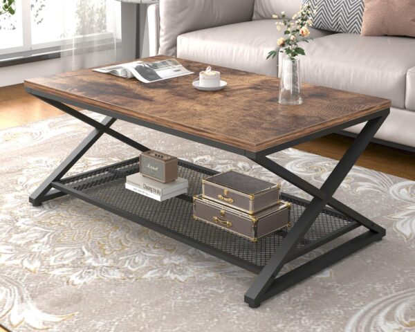 LVB Rustic Coffee Table, Industrial Metal Wood 2 Tier Cocktail Tea Table with Storage for Living Room, Farmhouse Wooden Rectangle Center Table with Mesh Shelf for Office Bedroom, 39 inch, Rustic Brown