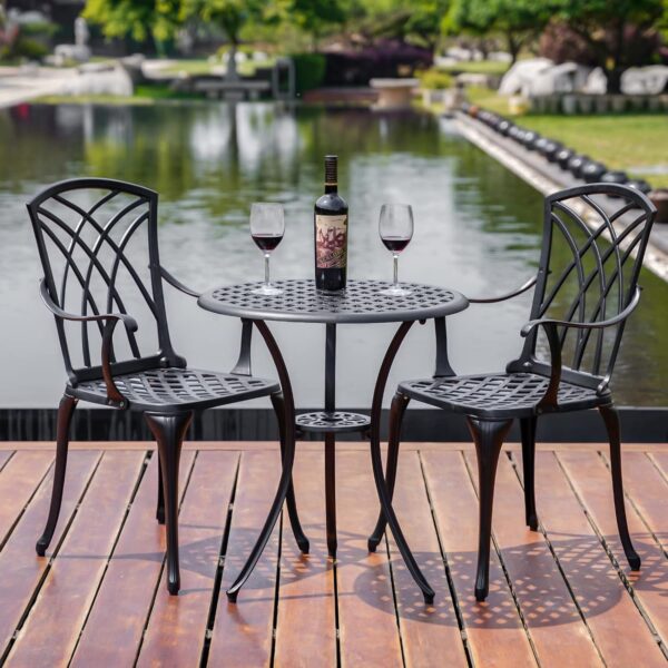Outdoor 3 Piece Bistro Set Cast Aluminum Bistro Table and Chairs Set of 2, All Weather Bistro Patio Set, Patio Furniture for Garden Black - Image 6