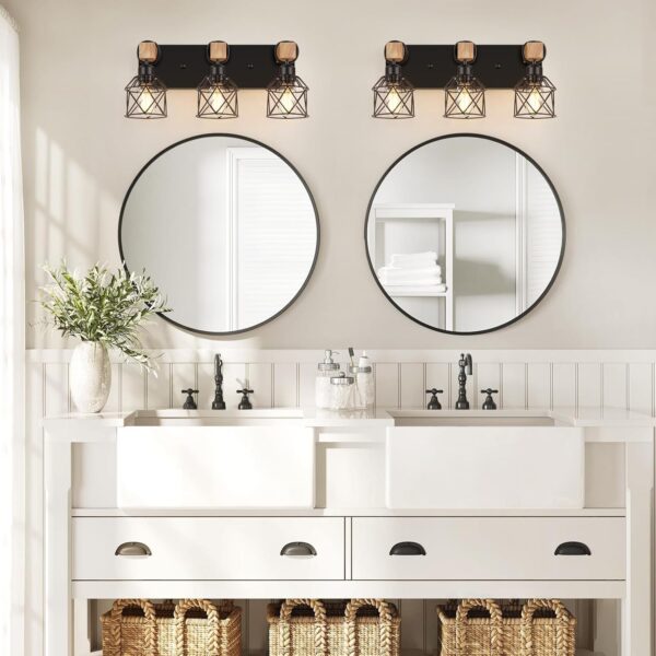 FadimiKoo 3-Light Farmhouse Vanity Light for Bathroom, Wood Bathroom Light Fixtures Over Mirror, Industrial Black Vanity Light with Metal Lampshade for Bedroom Hallway Living Room - Image 5