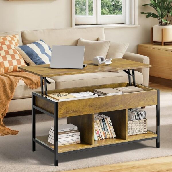 Gizoon Lift Top Coffee Table for Living Room, Small Farmhouse Rising Wooden Dining Center Tables with Storage Shelf and Hidden Compartment for Apartment Office Basement, Rustic Brown - Image 2