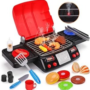 Kids Play Food Grill with Pretend Smoke Sound Light Kitchen Playset BBQ Accessories Camping Cooking Set Barbecue Toddler Girl Boy Toy 2 3 4 5 6 Year Old 4-8 Birthday Kid Outdoor Toy Gift Idea
