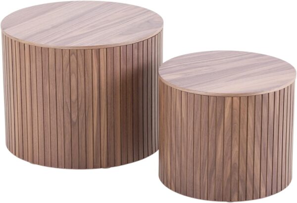Round Nesting Coffee Table Set of 2,Modern Fluted Drum Small Coffee Table with Storage,Luxury Natural Walnut Side Table,Unique Circle Center Table for Living Room,Walnut - Image 4