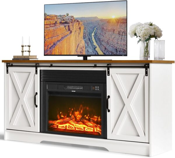 4 EVER WINNER Fireplace TV Stand with 23" Electric Fireplace, Sliding Barn Door, Farmhouse Fireplace Entertainment Center with Adjustable Storage Cabinets, TV Console Table for Living Room, White - Image 6