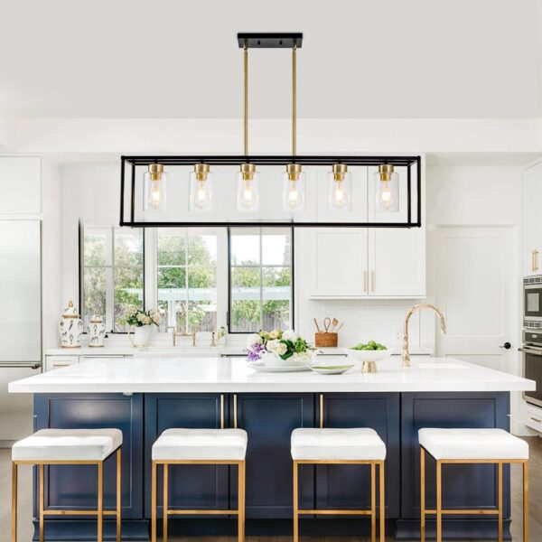 6 Lights Modern Dining Room Light Fixtures Over Table Black & Brushed Brass Gold Farmhouse Chandelier Rectangular Pendent Lighting for Kitchen with Glass Shade Long Linear Industry Hanging Light - Image 7