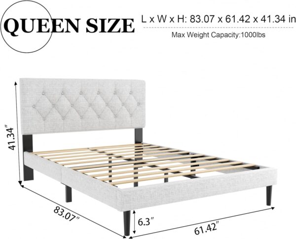 Queen Size Platform Bed Frame with Upholstered Button Tufted Headboard, Mattress Foundation with Wooden Slat Support, Noise Free, No Box Spring Needed, Easy Assembly, Light Grey - Image 2