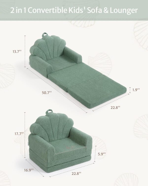 Blissful Diary Kids Couch, 2-in-1 Soft Toddler Couch Fold Out, Toddler Chair Comfy, Convertible Sofa to Lounger with Cute Shell Designs, Green - Image 3