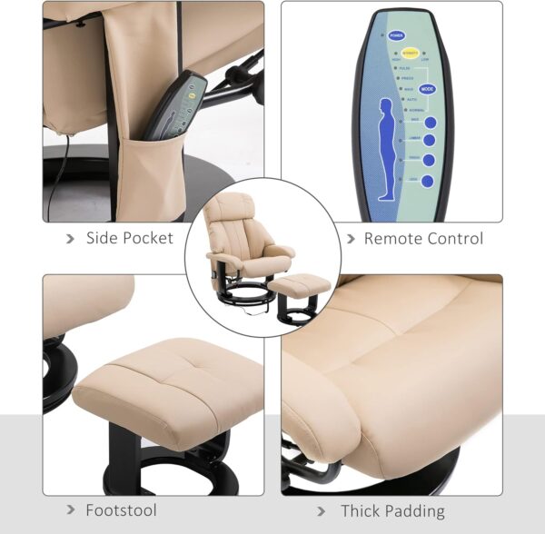 HOMCOM Massage Recliner Chair with Ottoman, 360° Swivel Recliner and Footstool, 10 Point Vibration, PU Leather Reclining Chair with Side Pocket and Remote Control, Beige - Image 6