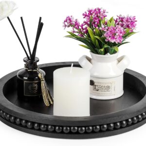 Small Black Round Wooden Decorative Serving Tray, Coffee Table Decorative Bead Tray, Farmhouse Centerpiece Tray for Kitchen and Living Room