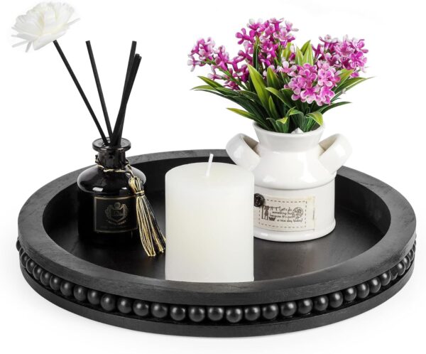 Small Black Round Wooden Decorative Serving Tray, Coffee Table Decorative Bead Tray, Farmhouse Centerpiece Tray for Kitchen and Living Room