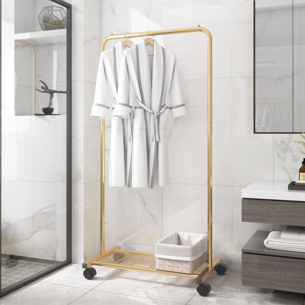 Simple Trending Standard Clothes Garment Rack, Clothing Rolling Rack with Mesh Storage Shelf on Wheels, Golden Yellow - Image 6