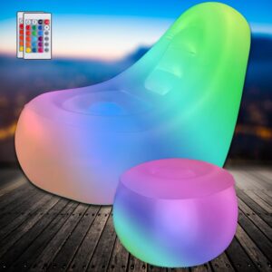 LED Light Air Sofa with Ottoman, Indoor/Outdoor LED Inflatable Chair, Big Size Brow Up Illuminated Sofa, Lazy Couch with LED Lights and Ottoman for Party, Yard, Indoor Rooms