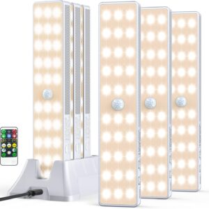 LED Closet Light with Charging Station, 30LEDs Rechargeable Motion Sensor Under Cabinet Lighting with Remote Control, Wireless Stick-Anywhere Night Safe Light Bar for Wardrobe,Kitchen-6 Pcs,Warm White