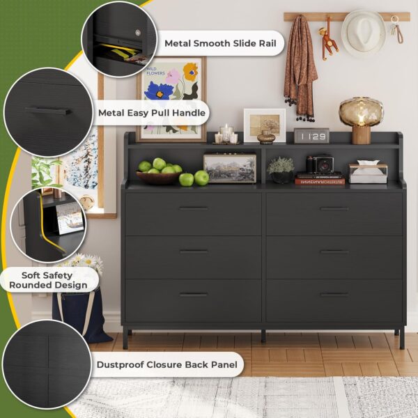 Hasuit 6 Drawers Double Dresser with Shelves, Large Wooden Storage Tower Organizer, Wide Chest of Drawers, Black Dresser for Bedroom, Living Room, Entryway - Image 3