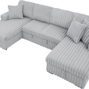 122'' Convertible U-Shaped Faux Rabbit Fur Plush Sectional Sleeper Sofa, Upholstered Cloud Couch Pull-Out Sofa Bed with Storage Chaise and 3 Throw Pillows for Living Room (Grey, 122'' x 64'')