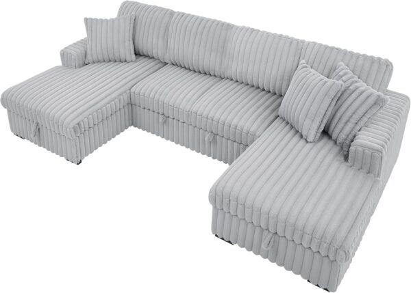 122'' Convertible U-Shaped Faux Rabbit Fur Plush Sectional Sleeper Sofa, Upholstered Cloud Couch Pull-Out Sofa Bed with Storage Chaise and 3 Throw Pillows for Living Room (Grey, 122'' x 64'')