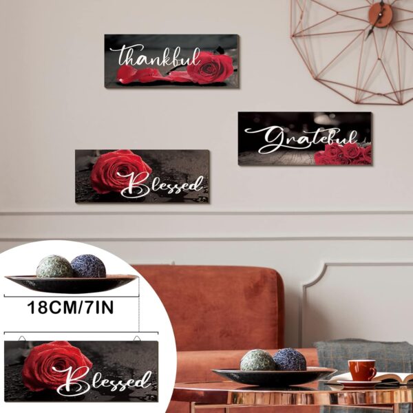Hillban 3 Pieces Rose Wooden Wall Decor Thankful Grateful Blessed Wooden Signs Inspirational Wall Art Signs Wedding Wall Decor for Room Kitchen Bathroom (Red,10 x 4 Inch) - Image 2