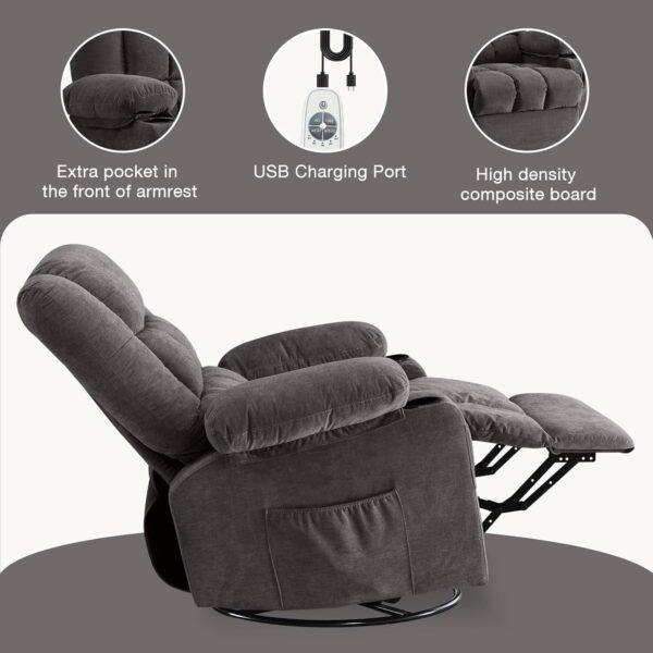 Massage Rocker Recliner Chair with Vibration Massage and Heat for Living Room Swivel Recliner Chair with Rocking Function and 2 Cup Holders, Side Pocket, USB Charge Port - Image 4