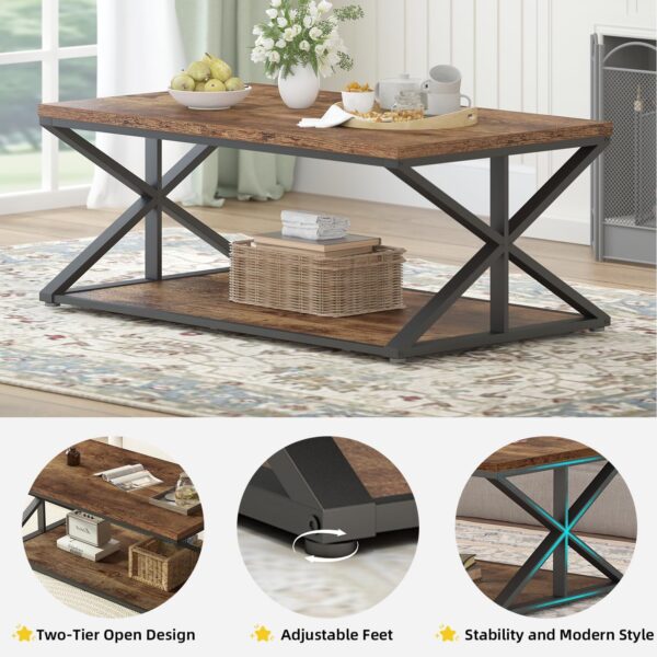 Coffee Table with Storage, Farmhouse Living Room Table, Modern Minimalist Rectangle Center Table, Industrial Vintage Wood Tea Table, 47 Inch, Rustic Brown - Image 5