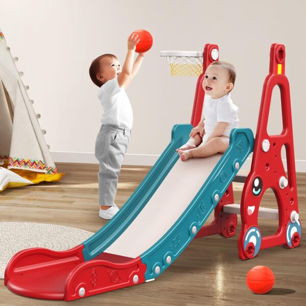 Beetle Slide for Toddlers,Indoor/Outdoor Playset for Kids 1-3,Foldable Climbing Toys,Shoot a Basket,3-in-1 Toddler Slide (Red&Green)