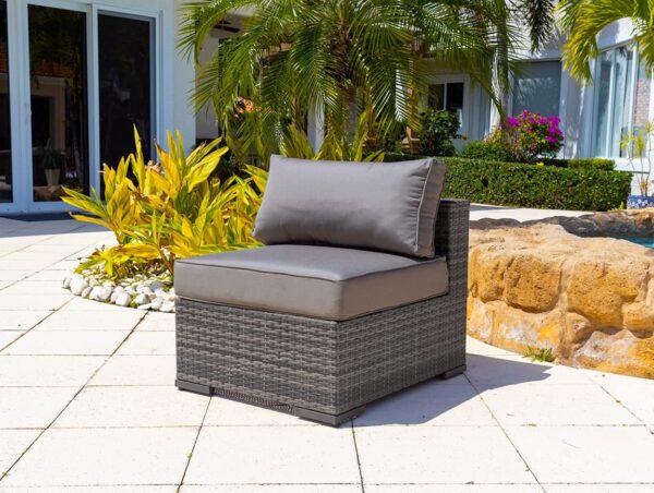 Sorrento 7-Piece Resin Wicker Outdoor Patio Furniture Sectional Sofa Set in Gray w/Four Sectional Pieces, Ottoman, Armchair, and Coffee Table (Flat-Weave Gray Wicker, Sunbrella Canvas Charcoal) - Image 3