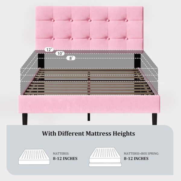 UNIZONE Full Size Bed Frame with Button Tufted Upholstered Headboard, Velvet Platform Bed with Wood Slats Support, Mattress Foundation, No Box Spring Needed, Easy Assembly, Pink - Image 7