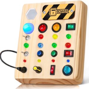 Busy Board Montessori Toys for Toddler, Wooden Sensory Board Switch Toy with Shape Sorter LED Light Up Toys Educational Plane Travel Activity for 1-6 Year Old Girls & Boys