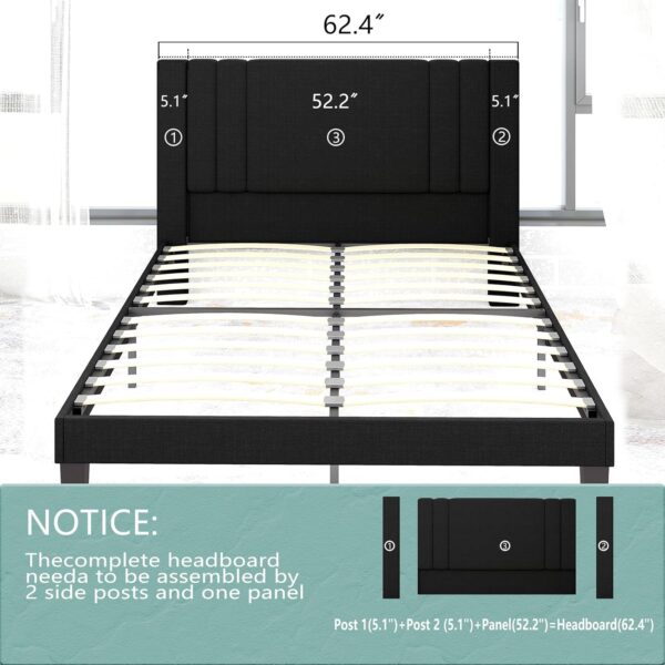 Queen Size Bed Frame, Linen Fabric Upholstered Platform with Headboard (Dark Black, Queen (U.S. Standard)) - Image 5
