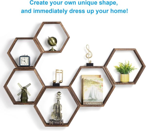 Hexagon Floating Shelves Set of 6 Farmhouse Honeycomb Wall Storage Shelf Wood Display Hexagonal Shelves Wall Mounted Hanging Rustic Shelf Racks for Bedroom Living Room Hallway Office Decor, Brown - Image 4