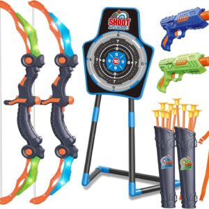 SpringFlower 2 Bow and Arrow Sets with LED Light-up,2 Foam Dart Guns for Kids 5 6 7 8 9 10+ Years Old, Archery Set with Standing Target for Boys & Girl, Ideal Gift