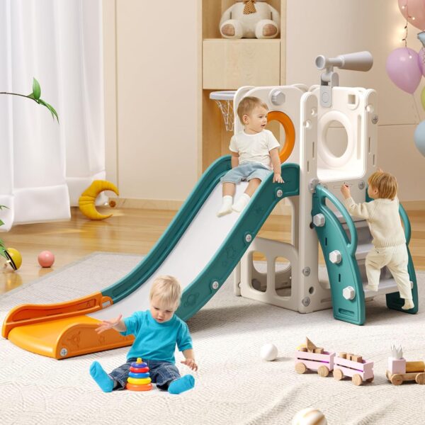 6 in 1 Toddler Playset with Slide,Toddler Slide,Slide for Kids with Basketball Hoop,Ball,Ring Toss,Kids Slide Toddler Playground Toddler Slide Indoor Outdoor Toys (6 in 1, White Orange) - Image 7