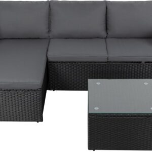 Shintenchi Outdoor Patio Furniture Sets, Small Outdoor Sofa Patio Sectional Sets 3-Piece All Weather Wicker Rattan Patio Seating Sofas with Glass Coffee Table and Cushion (Grey)