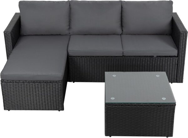 Shintenchi Outdoor Patio Furniture Sets, Small Outdoor Sofa Patio Sectional Sets 3-Piece All Weather Wicker Rattan Patio Seating Sofas with Glass Coffee Table and Cushion (Grey)