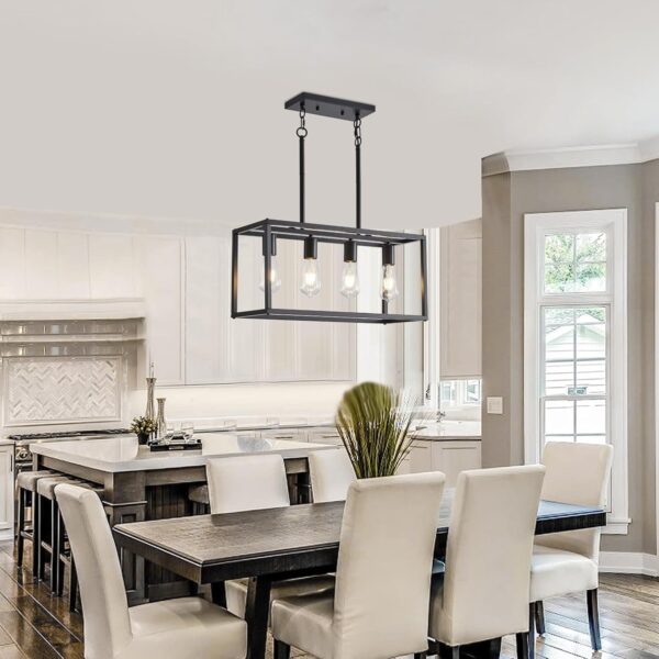 Dining Room Light Fixture 4 Light Black Farmhouse Chandelier Modern Kitchen Island Pendant Lighting Rectangular Hanging Lights for Kitchen Dining Room Adjustable Height Metal E26 Base - Image 4