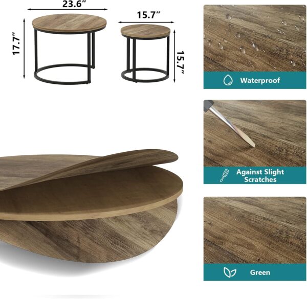 Smuxee Nesting Coffee Table Set of 2, 23.6" Round Coffee Table Wood Grain Top with Adjustable Non-Slip Feet, Industrial End Table Side Tables for Living Room Bedroom Balcony Yard - Image 2