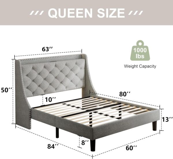 Feonase Queen Bed Frame with Luxury Wingback Upholstered Button Tufted Storage Headboard, Queen Platform Bed with Charging Station, Sturdy Wooden Slats Support, Noise-Free, Easy Assembly, Light Gray - Image 2