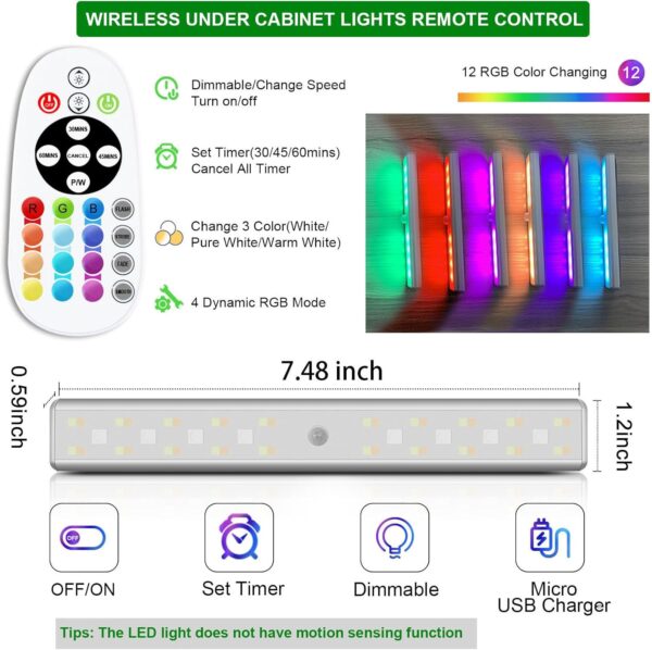 SZOKLED Under Cabinet Lighting Rechargeable 48-LED Wireless Under Cabinet Lights Remote, Kitchen Counter Lights Closet Lights RGB Perfect for Indoor Pantry Display Shelf 15 Color Changing(6 Packs) - Image 3