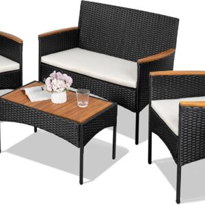 Shintenchi 4-Piece Patio Furniture Set, Outdoor Wicker Patio Conversation Furniture Set with Cushions and Wooden Tabletop for Paito Lawn Backyard, White Cushion