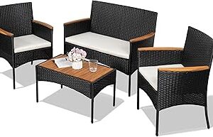 Shintenchi 4-Piece Patio Furniture Set, Outdoor Wicker Patio Conversation Furniture Set with Cushions and Wooden Tabletop for Paito Lawn Backyard, White Cushion