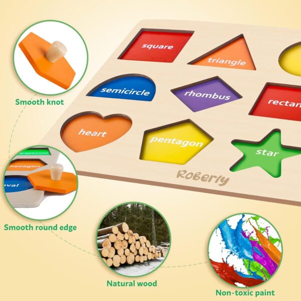 Roberly Shape Wooden Puzzles for Toddlers 1-3, Montessori Toys Peg Puzzle Geometric Color Matching Board for Girls Boys 12-18-24 Months Preschool Learning Educational Toys Birthday Gifts for Kids - Image 5
