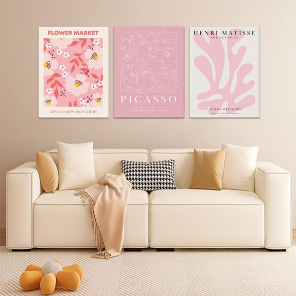 Djmwtb Matisse Picasso Abstract Canvas Wall Art Framed Set of 3 Pink Flower Market Poster Prints Aesthetic Pictures Modern Minimalist Wall Decor Painting for Living Room Bedroom Bathroom 12"x16"x3 - Image 3