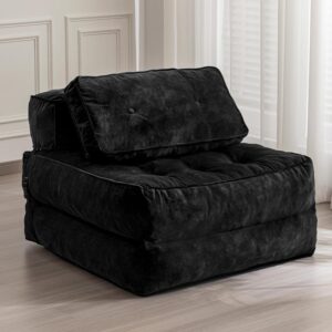 MAXYOYO Folding Sofa Bed, Velvet Convertible Sleeper Chair with Pillow Portable Fold Out Chair Bed, Multifunctional Tufted Floor Sofa Lounge for Living Room Guest Room, Black