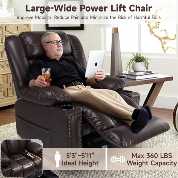 Large Power Lift Chairs Recliners for Elderly with Heated and Massage, Overstuffed Adjustable Lift Chairs, 3 Positions, Breathable Leather, USB-A and USB-C, Cup Holder, Side Pocket, Dark Brown - Image 4